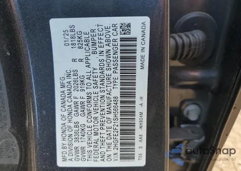 2025 Honda Civic Lx из США, поврежденный, VIN 2HGFE2F21SH566488